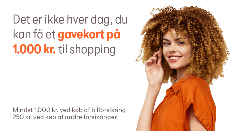Det er ikke hver dag, du kan få et gavekort på 1000 kr. til shopping - Mindst 1000 kr. ved køb af bilforsikring - 250 kr. ved køb af andre forsikringer